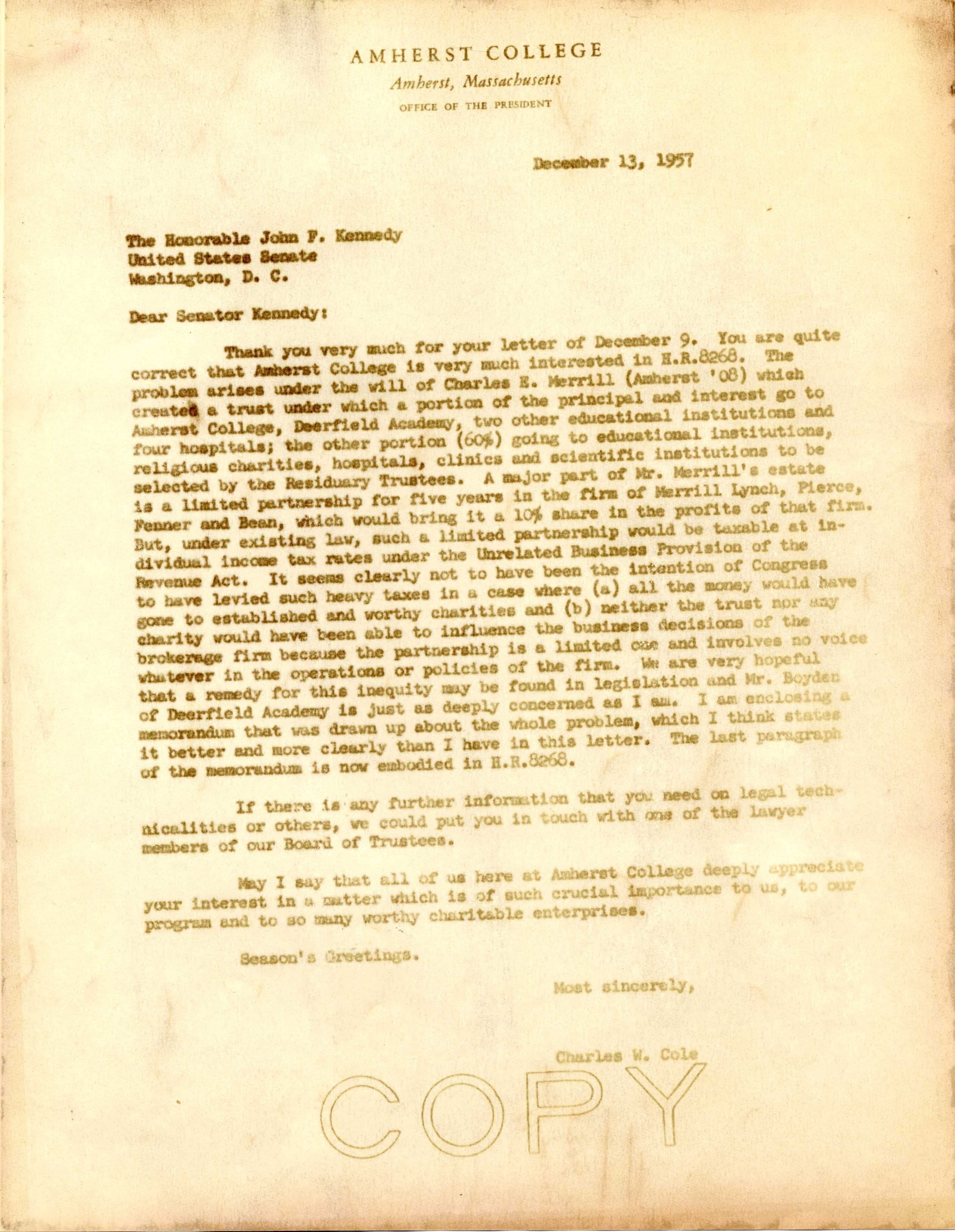 Charles W. Cole letter to Senator John F. Kennedy