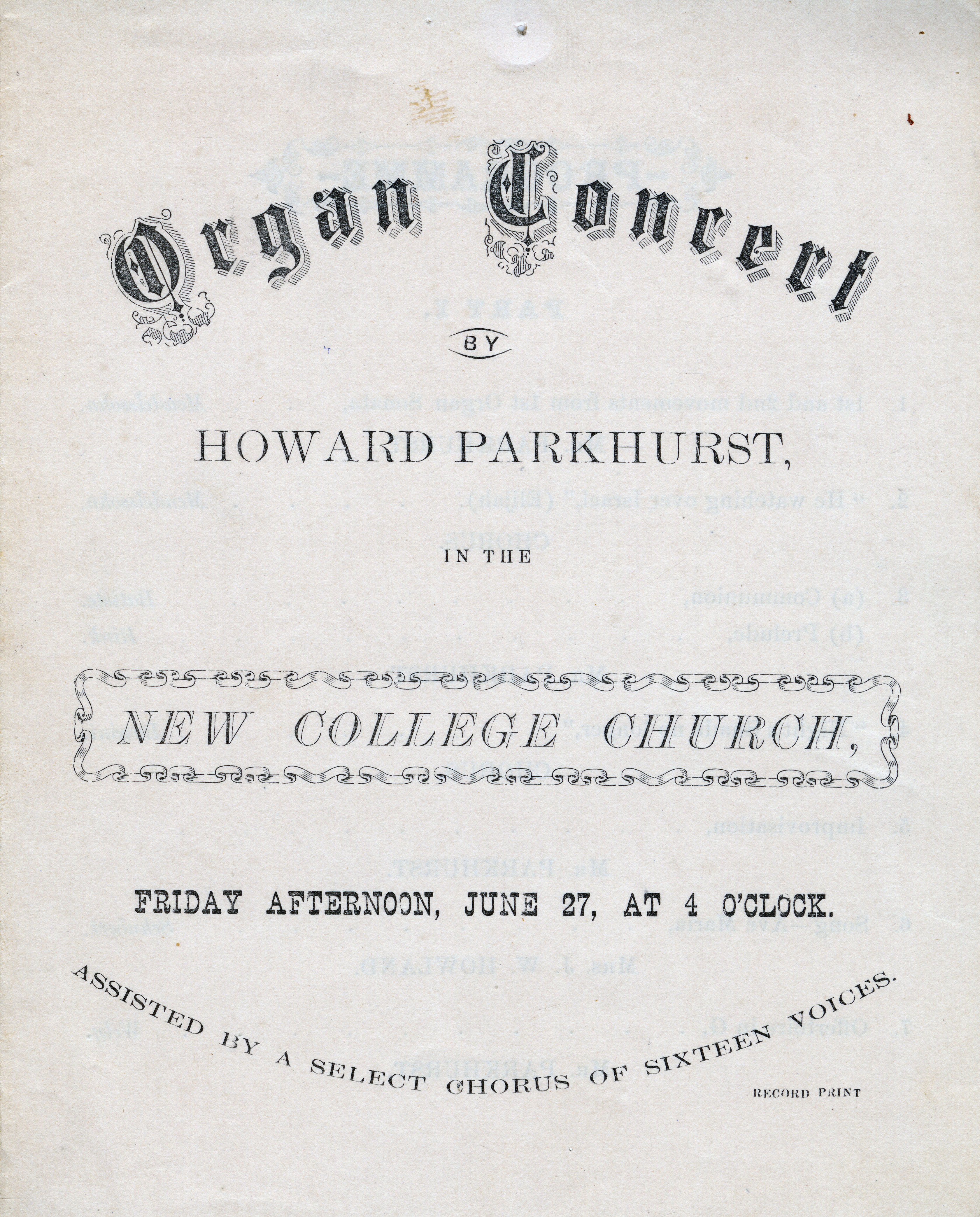 "Organ Concert by Howard Parkhurst" Parkhurst Biographical File.