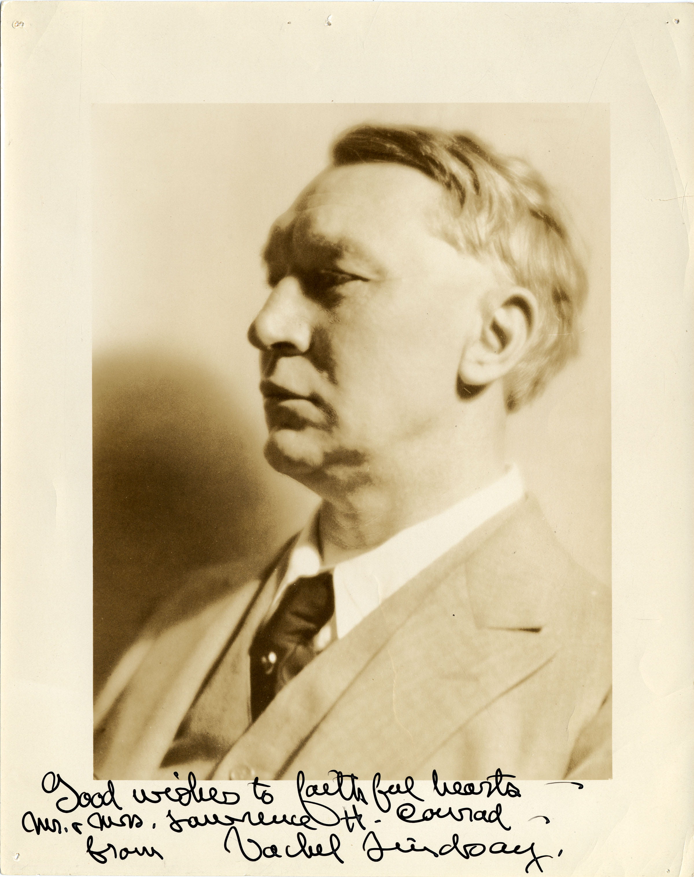Signed photographic portrait of Vachel Lindsay, from the Lawrence H. Conrad Vachel Lindsay and Robert Frost Collection.