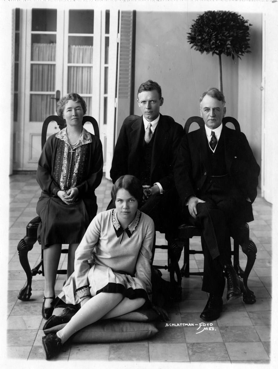 Mr. and Mrs. Morrow with Lindbergh in Mexico City, 1927. Sitting on the floor: Constance Morrow, who  for a time was rumored to be Lindbergh's love interest. [Morrow Papers, Series XIV, box 1, folder 31]