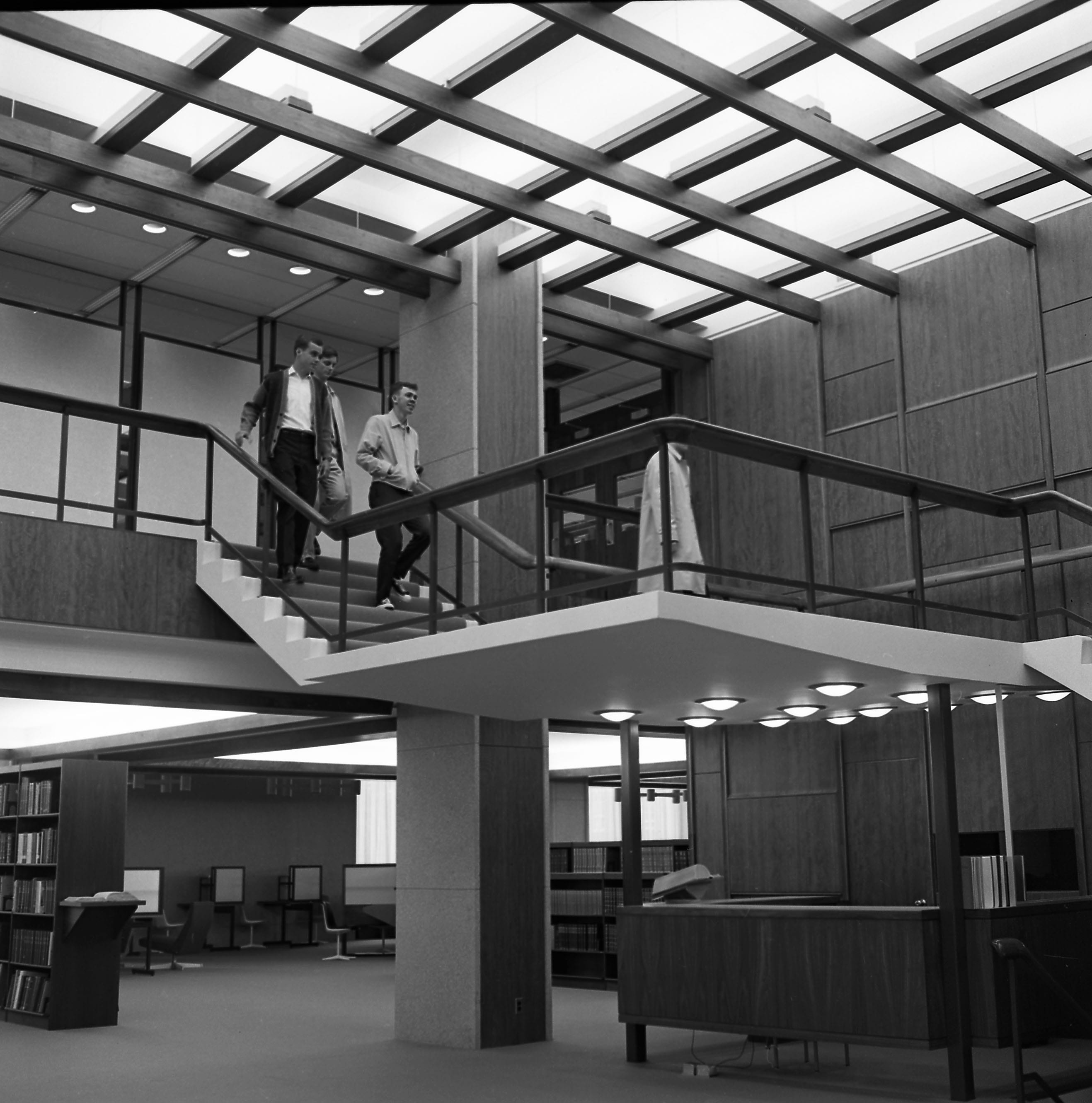 Students exploring the newly opened Frost Library in September of 1965 