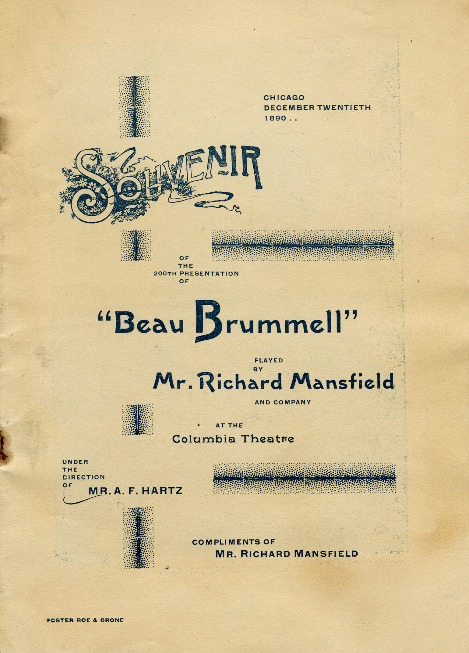 "Beau Brummell" Program. Chicago, 1890.