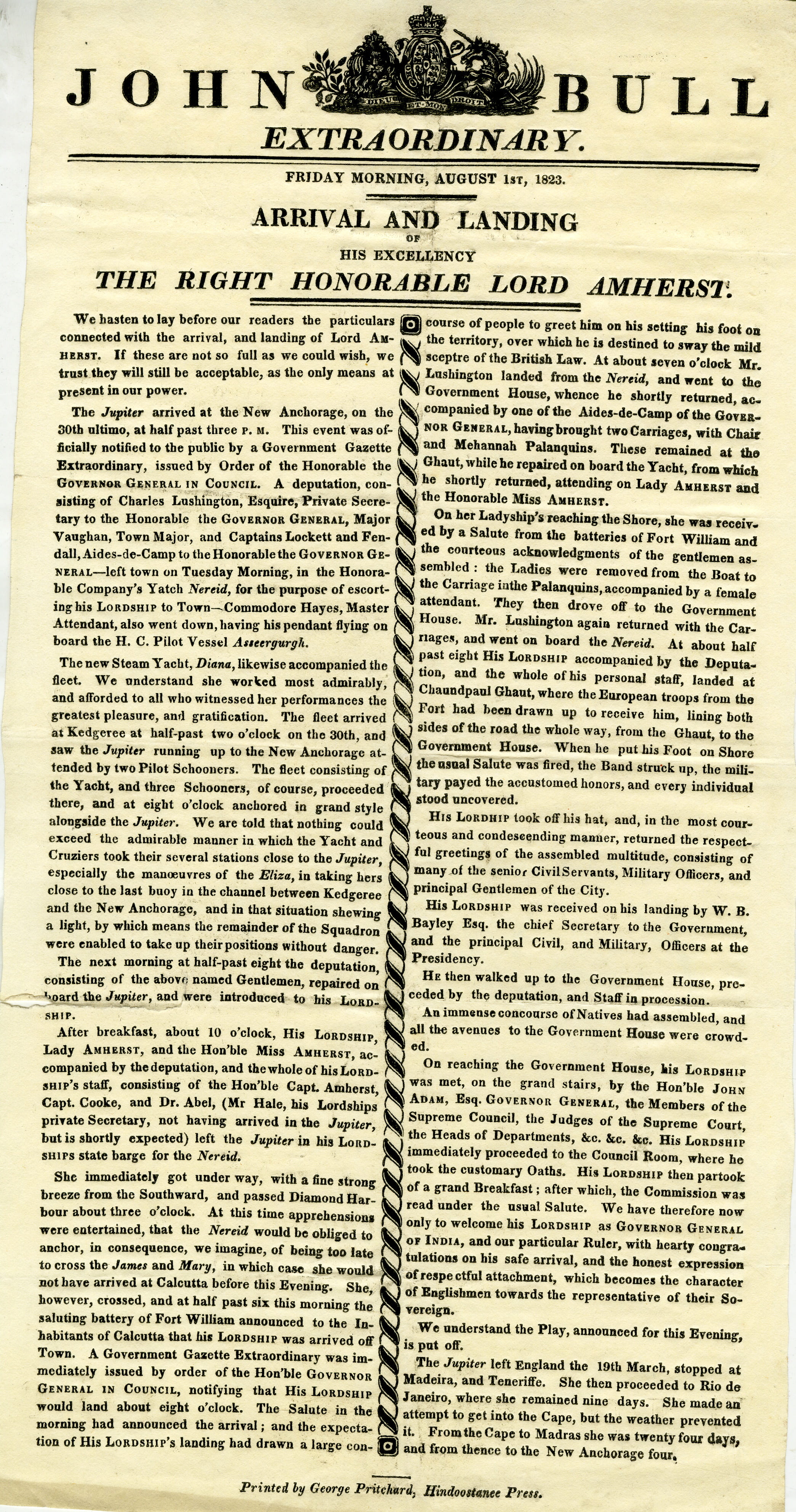 John Bull Extraordinary. George Pritchard, Hindoostanee Press, 1 August 1823.