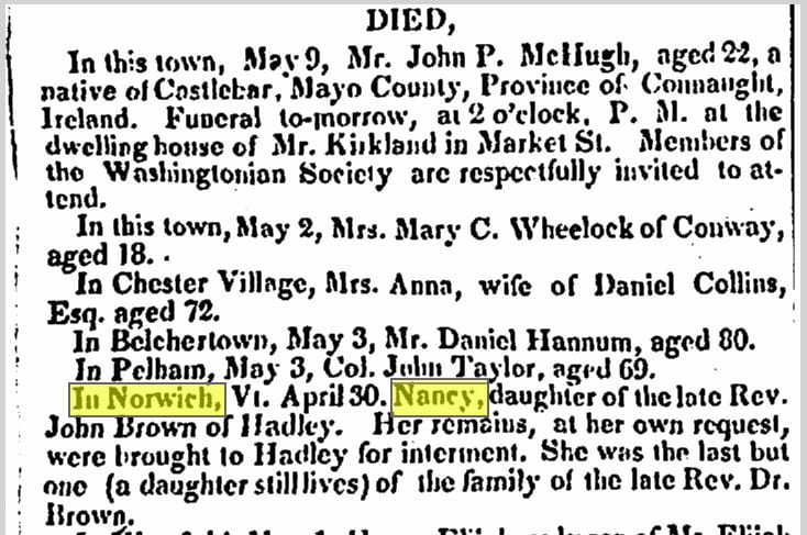 Nancy Brown died on April 30, 1842. Requiescant in pace.