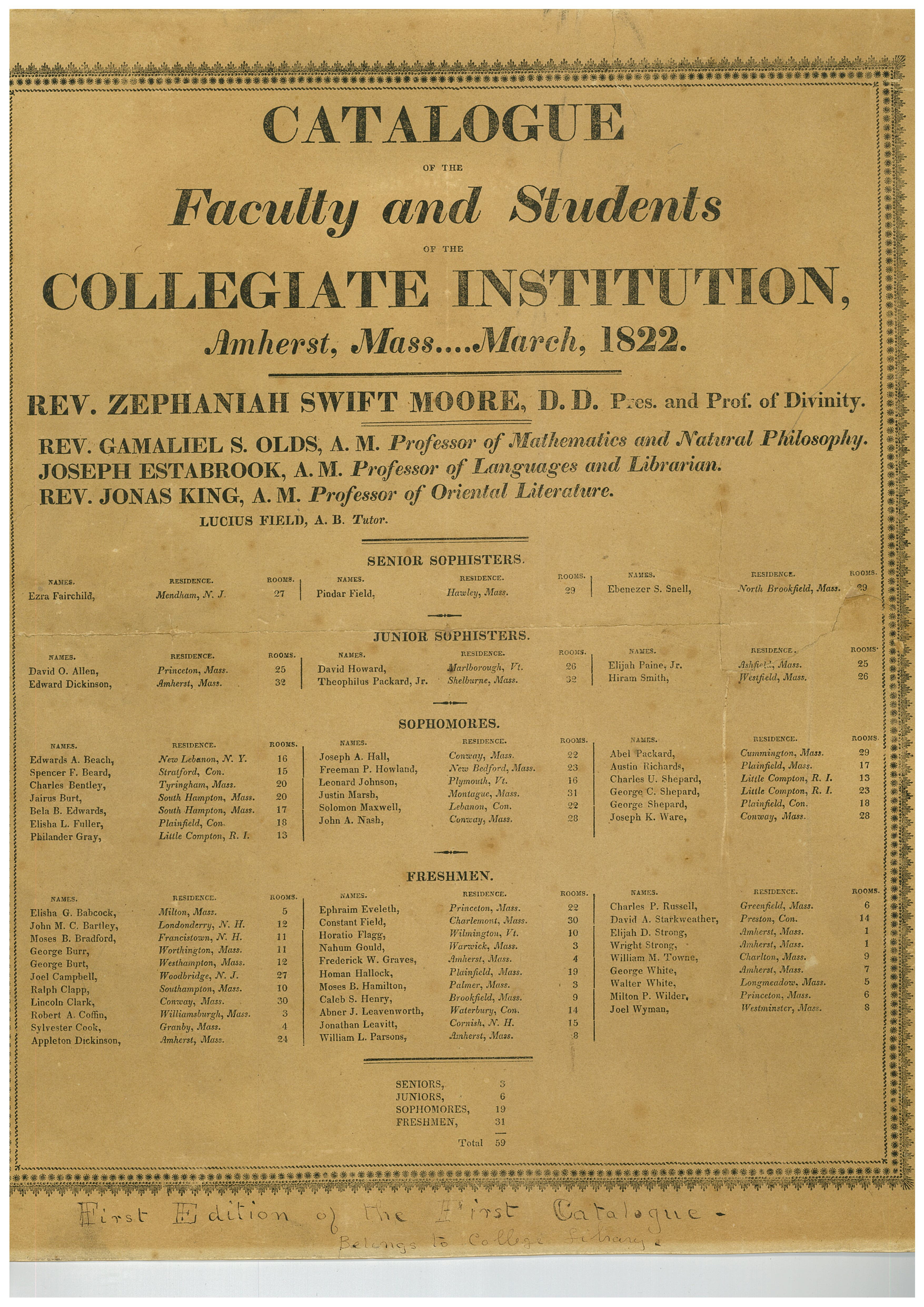 First catalogue broadside of the Collegiate Institution, 1822 Mar in Amherst College Early History Collection (Box OS-1, Folder 9)
