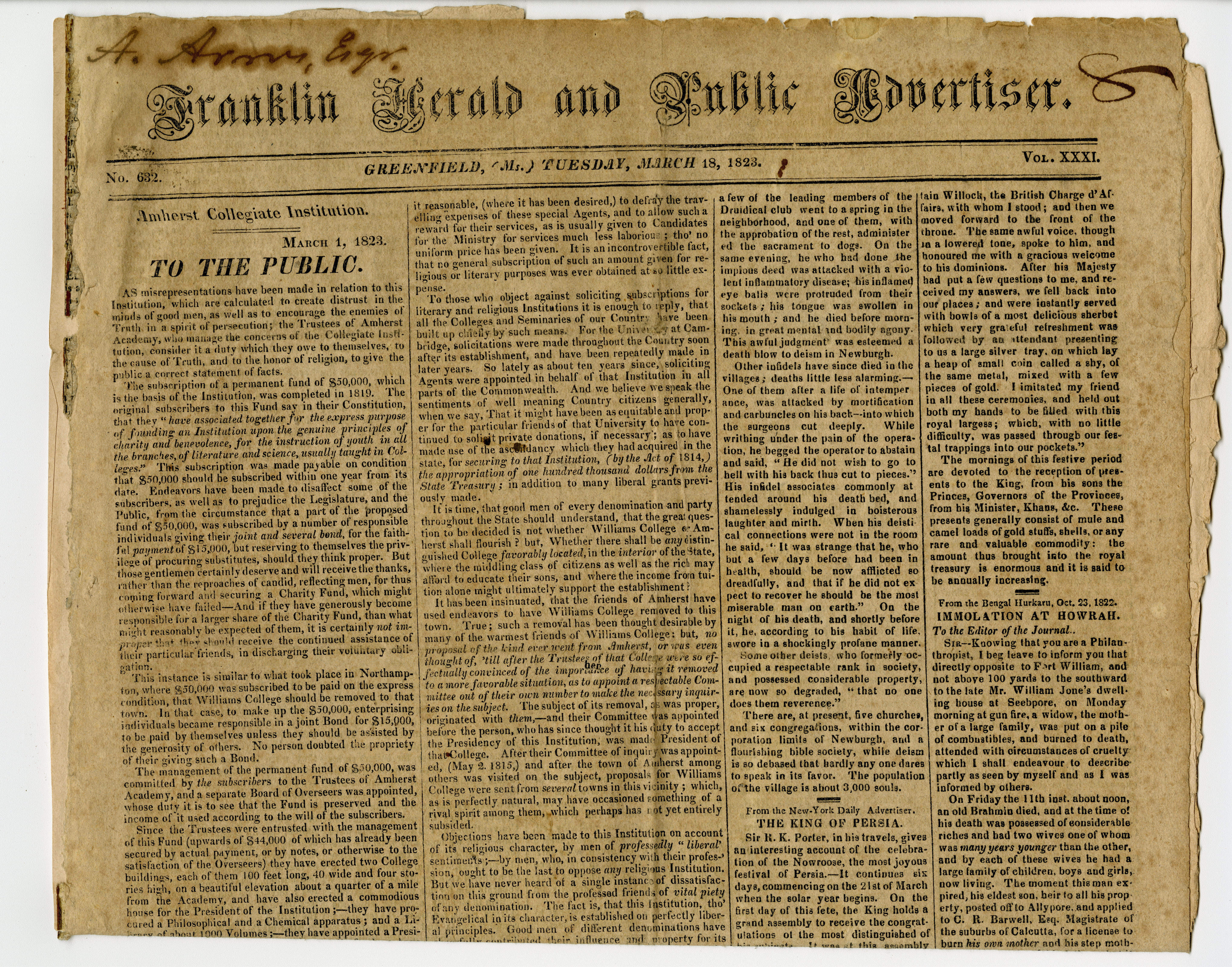 Franklin Herald and Public Advertiser, 1823 Mar 18 in Amherst College Early History Collection (Box OS-1, folder 2)