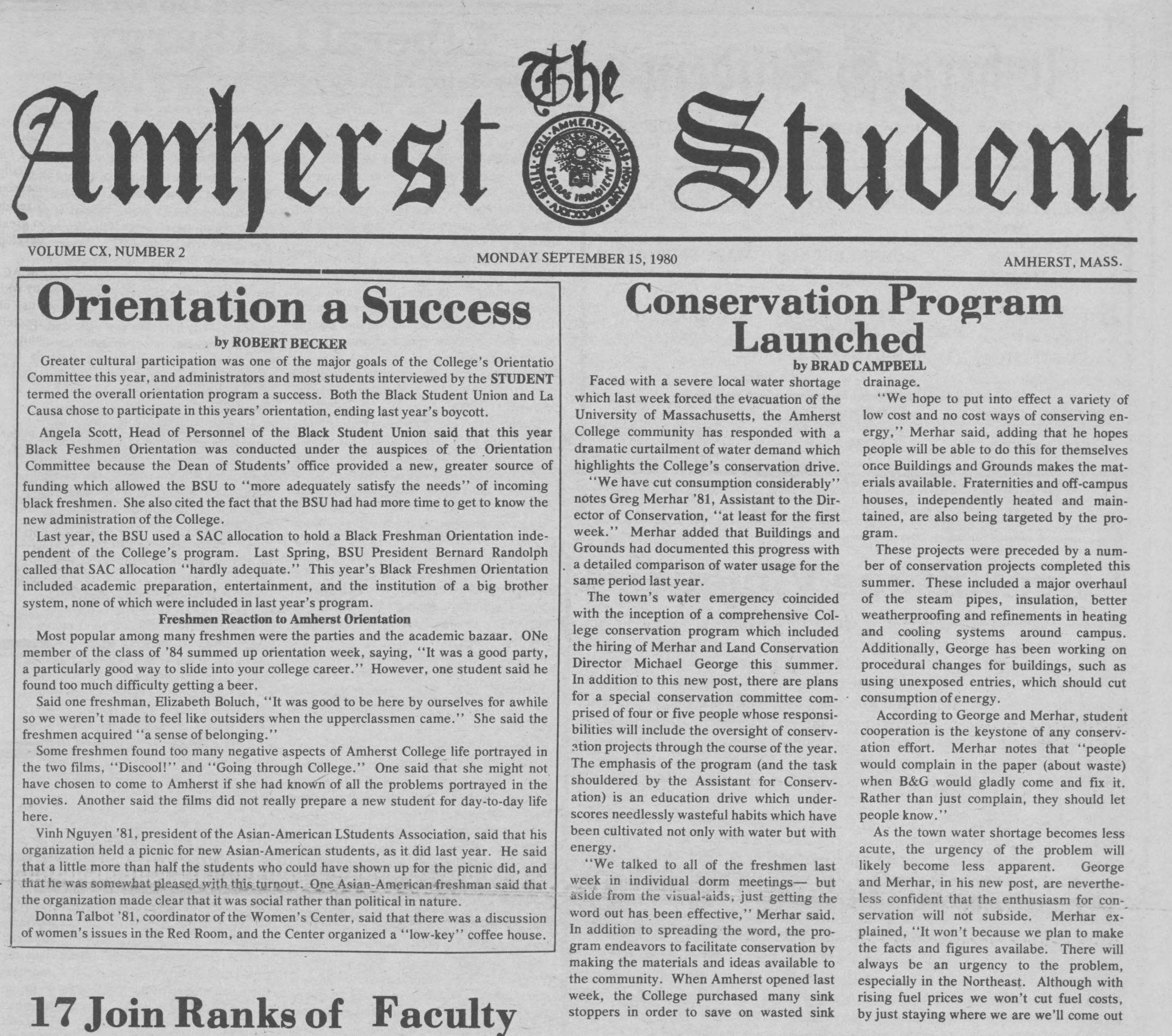 The Amherst Student Sept 15, 1980
