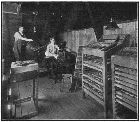 A boy stands at a small galley press, while a young man stands behind him at a full printing press. Two cabinets of loose type stand against the right wall of the small room.