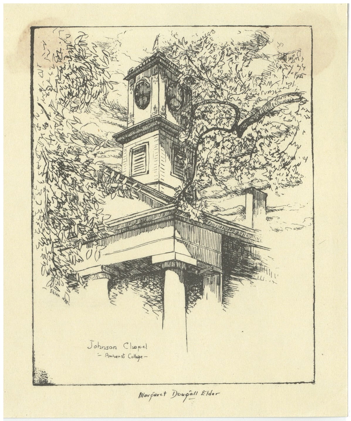 A square clock tower stands above an upper corner column. Tree branches in full leaf frame the tower.