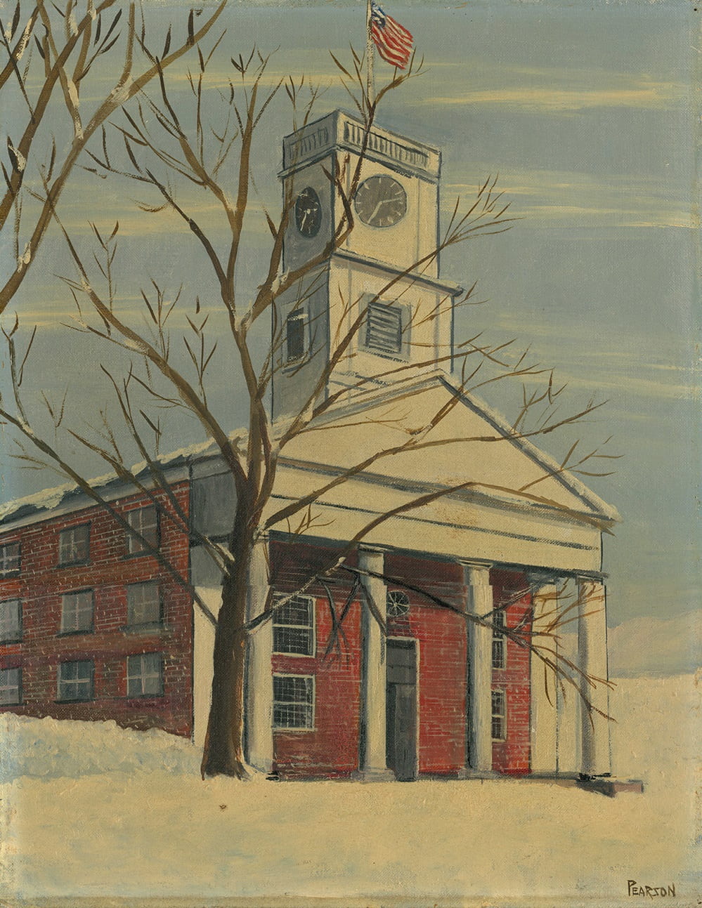 A tall square clock tower tops a brick chapel building with four plain columns. The ground is covered in snow and trees are bare.