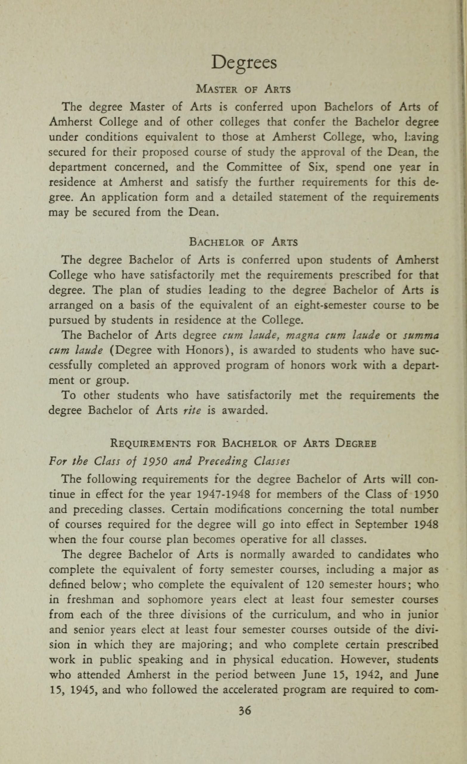 Page of Amherst College Catalog that includes instructions for pursuing a Master of Arts degree