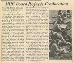 A newspaper article with the headline "MHC Board Rejects Coeducation"
