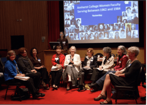 A group of women faculty members sitting in a semicircle in front of a projected collage of women faculty from 1962 to 1984