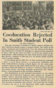 A newspaper article with the headline "Coeducation Rejected In Smith Student Poll"